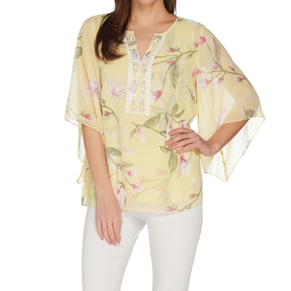 BELLE BY KIM GRAVEL Magnolia Print Floral Blouse Tunic Yellow Size XL